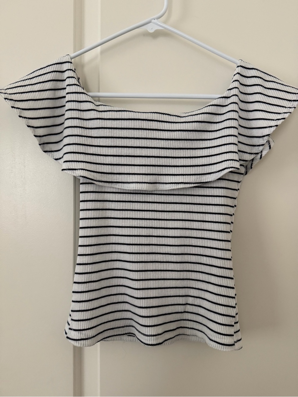 Mango White and Black Striped Off-Shoulder Ribbed Camisole